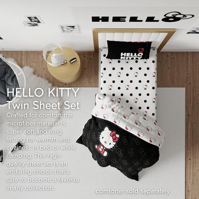 Franco Collectibles Hello Kitty Polka Dot Bedding Super Soft Microfiber 3 Piece Twin Sheet Set, (Officially Licensed Product)