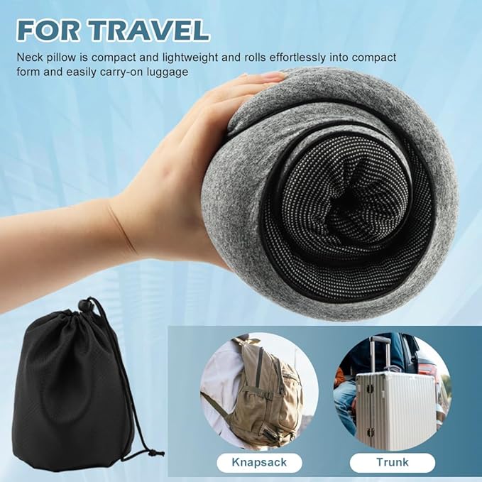 Travel Pillow Neck Pillows Pure Memory Foam Neck Pillow with 3D Eye Masks and Earplugs 360° Adjustable Full Surrounding Neck Pillows for Airplanes, Cars, Offices (Grey)