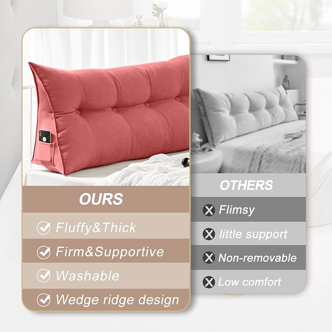Large Triangular Headboard Pillows Long Backrest Positioning Support Bolster Cushion for Daybed Fluffy Quality Plush Body Wedge Pillow with Removable Cover(Rusty Red -Cal King-71x8x20 in)