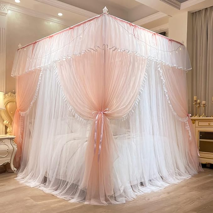 Mengersi Canopy Bed Curtains with Lights,4 Corner Bed Canopy Royal Luxurious Bed Drapes Netting,Princess Bed Curtains for Girls Adults Bedroom Decoration (Peach, Twin)