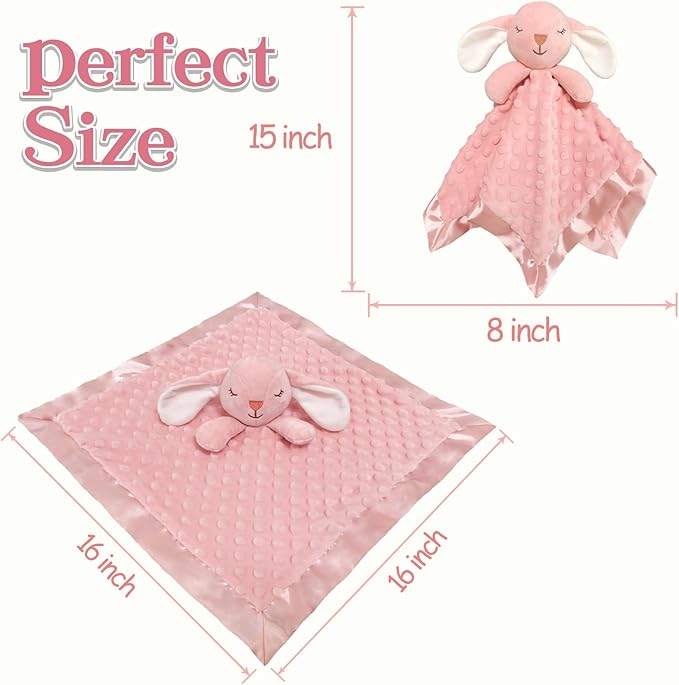 Bunny Security Blanket with Stuffed Animal Snuggle Toy 16" Lovey Soft Lovie Baby Registry Search Baby Girl Birthday Gifts for Infant and Toddler Pink
