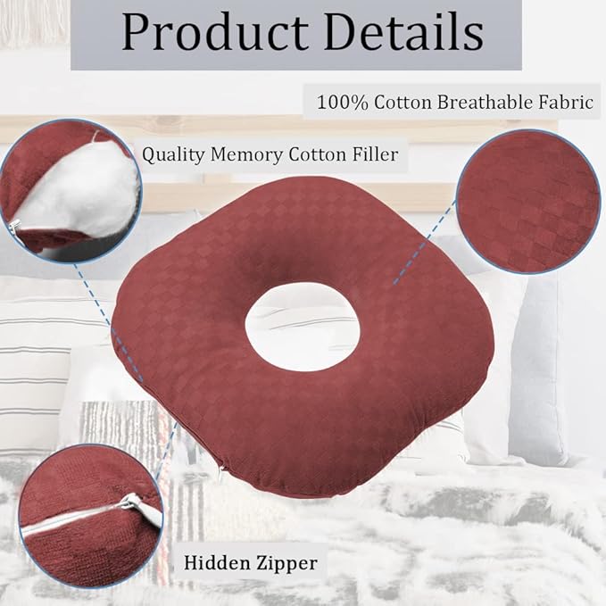 Ear Piercing Pillow for Side Sleepers, Pillow with an Ear Hole for CNH and Ear Pain Ear Inflammation Pressure Sores, O-Shaped Side Sleeping Pillow, Ear Guard Pillow(Dark Red)