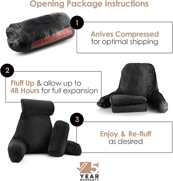Nestl Reading Pillow Large Bed Pillow, Back Pillow for Sitting in Bed Shredded Memory Foam Chair Pillow, Reading & Bed Rest Pillows Black Back Pillow for Bed, Bed Chair Arm Pillow with Pockets