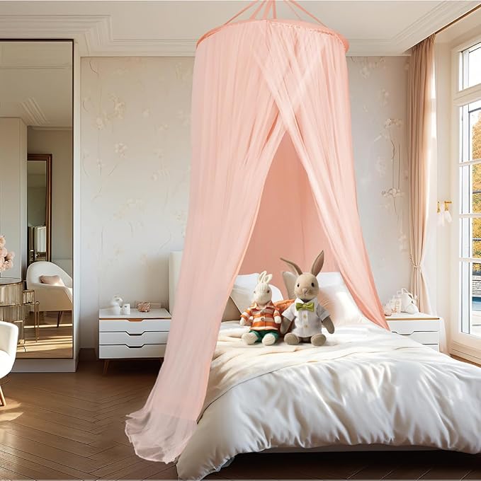 40"x 106" Bed Canopy for Girls & Adults, Double Layer Princess Round Dome Bed Curtain Canopy Drapes, Dreamy Mosquito Net Reading Nook, Bedroom Decoration (Pink)