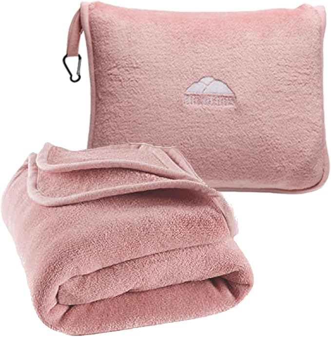 BlueHills Premium Soft Long Travel Blanket Pillow for Tall Airplane Flight Blanket 70 X48 inch Throw in Soft Bag case with Hand Luggage Belt & Backpack Clip Compact Pack Large Blanket Pink T055
