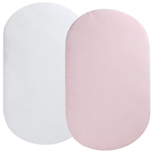 Muslin Bassinet Sheet Compatible with UPPAbaby Bassinet, 2 Pack Cotton Stylish Boho Fitted Bassinet Sheets Super Soft for Baby White & Pink