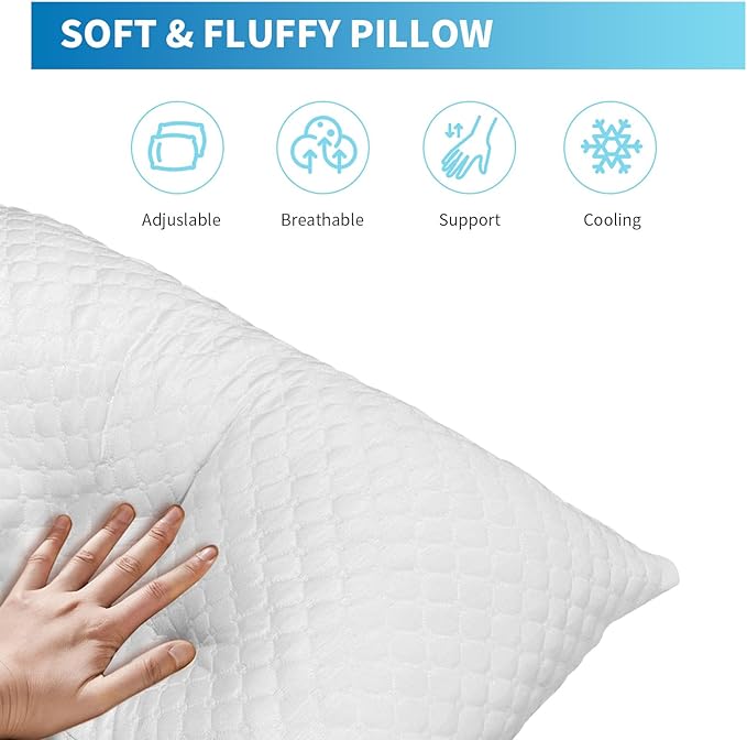 Shredded Memory Foam Pillows, Bed Pillows Queen Size Set of 2, Cooling Pillows for Sleeping, Adjustable Firm Pillows for Side Back and Stomach Sleepers, Bed Pillows with Washable Removable Cover