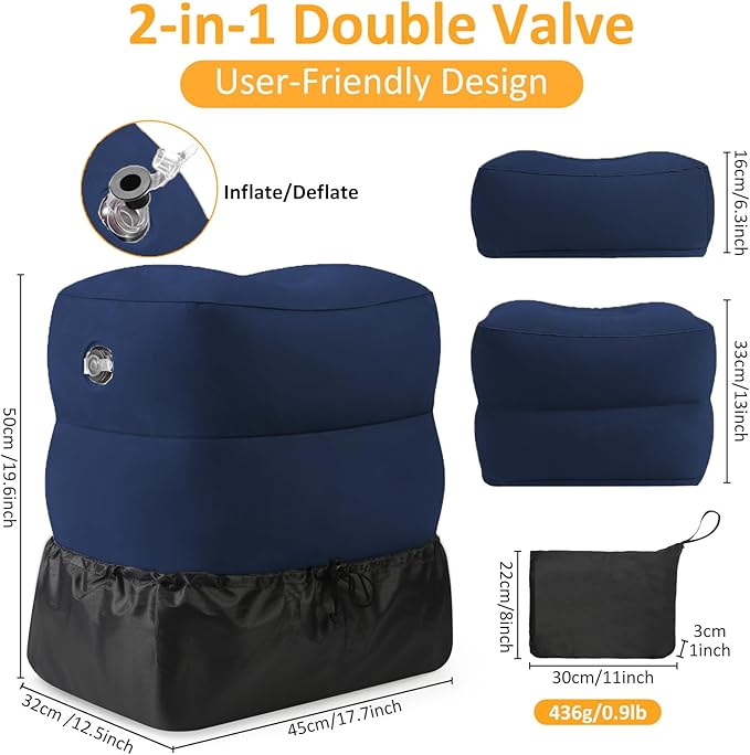 Inflatable Foot Rest Pillow for Travel - Adjustable Height Flight Foot Rest with Eye Mask and Earplugs for Kids & Adults on Airplane, Car, Train, Office, and Home (Blue, 1 PCS)