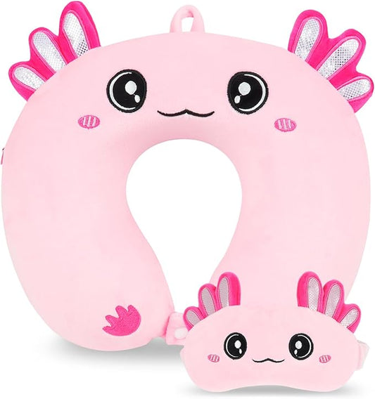 Travel Pillow, Kids Travel Pillow with Sleep Eye Mask Soft Memory Foam Kids Neck Pillow for Boys & Girls, Travel Accessories for Car Airplane Traveling - Axolotl