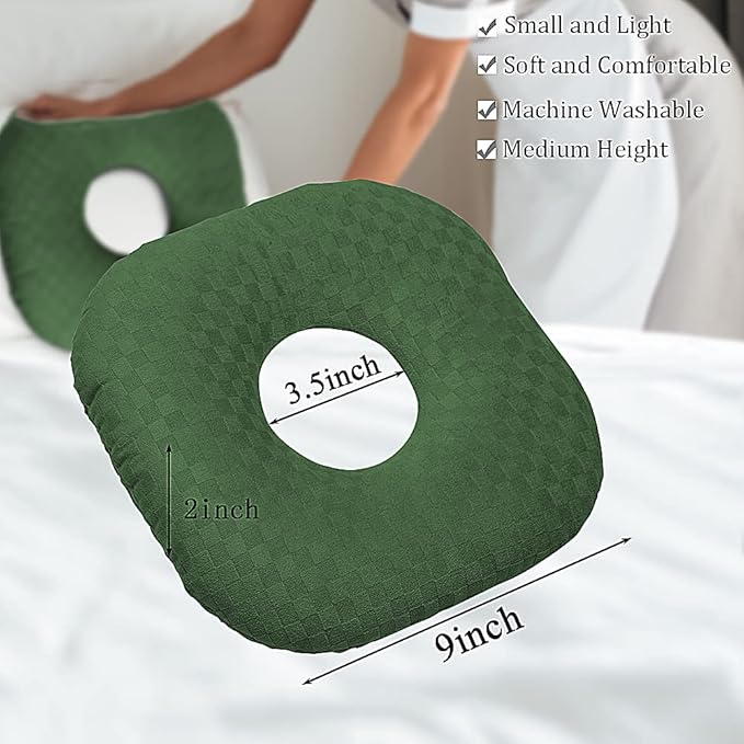 Ear Piercing Pillow for Side Sleepers, Pillow with an Ear Hole for CNH and Ear Pain Ear Inflammation Pressure Sores, O-Shaped Side Sleeping Pillow, Ear Guard Pillow(Dark Green)