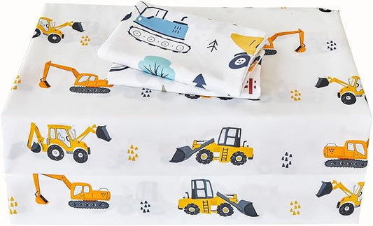 RYNGHIPY Full Sheets Set Kids Boys: Construction Excavator Bed Sheet Set for Toddler Children - Deep Pocket Wrinkle Free Bedding Set (White Yellow,Full)