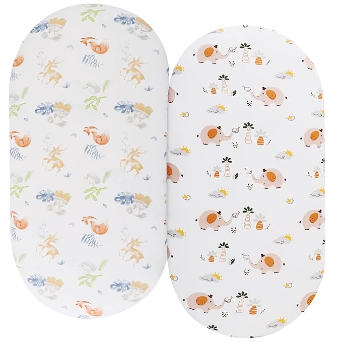 Bassinet Sheets Compatible with Fisher-Price Soothing Motions/Luminate Bassinet & Chicco LullaGo Anywhere Portable Bassinet, 2 Pack Fitted Sheets, 100% Jersey Knit Cotton 190GSM, Fox Deer and Elephant