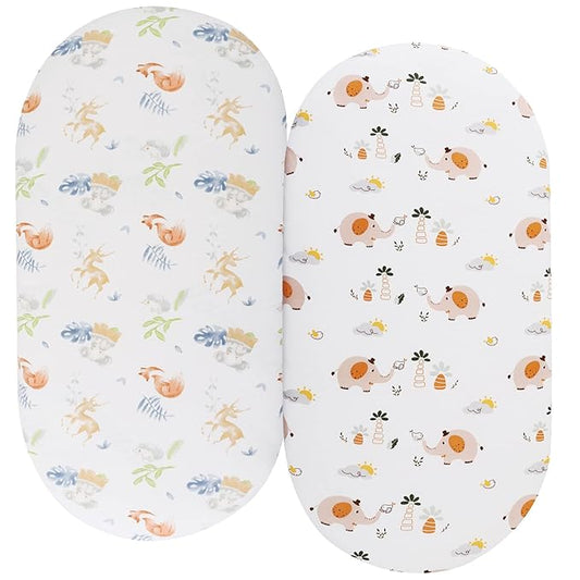 Bassinet Sheets Compatible with Fisher-Price Soothing Motions/Luminate Bassinet & Chicco LullaGo Anywhere Portable Bassinet, 2 Pack Fitted Sheets, 100% Jersey Knit Cotton 190GSM, Fox Deer and Elephant