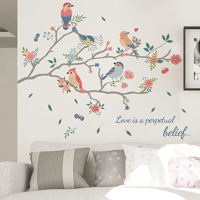 Cartoon Birds on The Tree Branch Wall Sticker Green Leaf and Flying Bird Wall Sticker DIY Art Vinyl Wall Decal Decoration for Garden Living Room Bedroom Kitchen Playroom Nursery Room