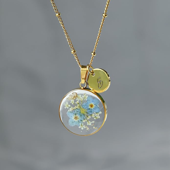 Handmade Pressed Forget-Me-Not Flower Initial Necklace - Real Flower Resin Pendant - Personalized Floral Jewelry Gift for Women - Elegant Botanical Keepsake