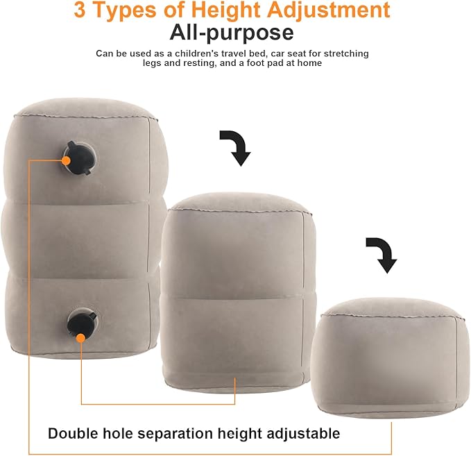 Inflatable Travel Foot Rest Pillow Adjustable 3 Layers Height Leg Rest Pillow Kids Airplane Travel Pillow with Inflatable Bag Airplane Bed for Toddler Car Seat Footrest for Airplane Home Office - Grey