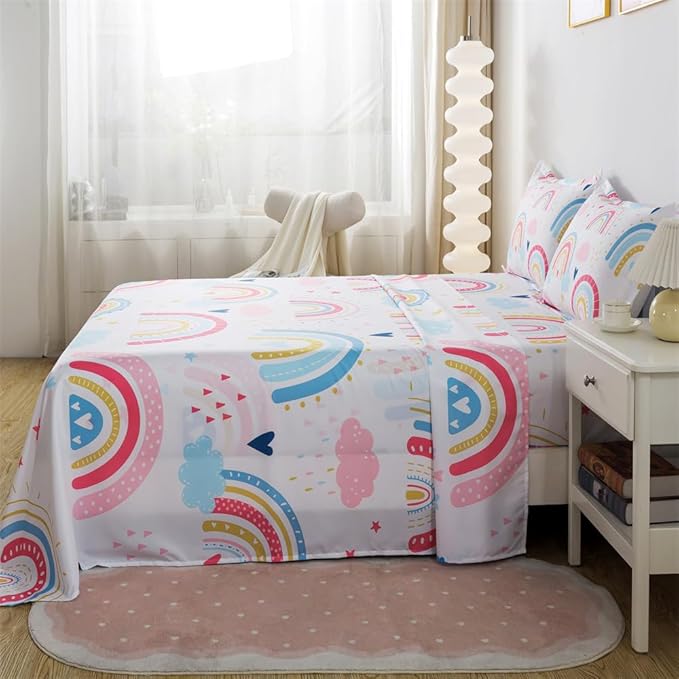 qjmiaofang Girls Rainbow Fitted Sheet Full Size Rainbow Sheets 4pieces Cartoon Cloud Bedding Set Girly Rainbow Bed Sheet Set Stars Sheet Set 1 Fitted Sheet 1 Flat Sheet 2 Pillowcase for Home