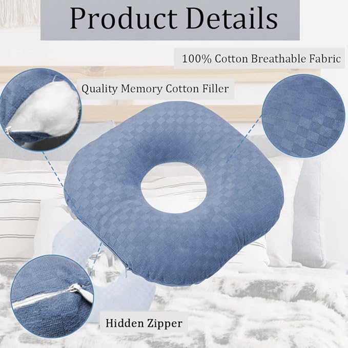 Ear Piercing Pillow for Side Sleepers, Pillow with an Ear Hole for CNH and Ear Pain Ear Inflammation Pressure Sores, O-Shaped Side Sleeping Pillow, Ear Guard Pillow (Blue)