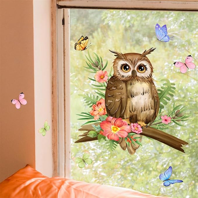 Owl On A Branch Wall Decal Butterfly Flower Wall Stickers Peel and Stick Living Room Bedroom Bathroom Kitchen Nursery Window Glass Decorative Art Murals 11.8in*11.8in