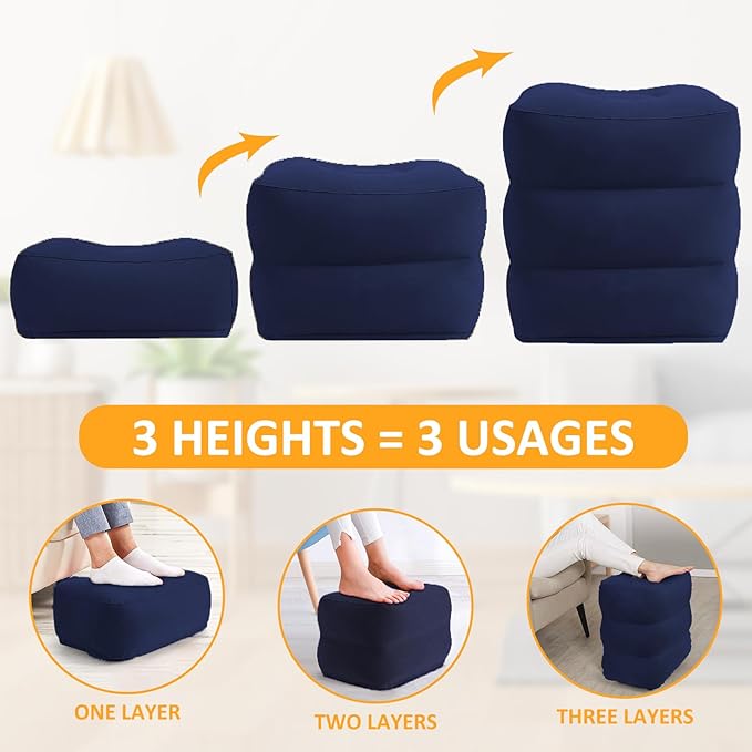 Inflatable Foot Rest Pillow for Travel - Adjustable Height Flight Foot Rest with Eye Mask and Earplugs for Kids & Adults on Airplane, Car, Train, Office, and Home (Blue, 2 PCS)