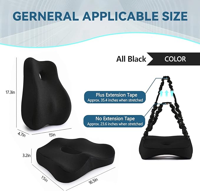 Seat Cushion & Lumbar Support Pillow Set for Office Chair, Ergonomic Pillow for Sciatica Pain Relief, Memory Foam Back Support Pillow & Chair Cushion for Gaming Chair and Travel (Black)