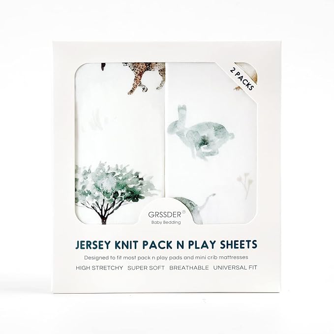 Stretchy Ultra Soft Jersey Knit Fitted Pack n Play Sheets Set 2 Pack, Portable/Mini Crib Sheets for Boys and Girls, Stylish Playard Sheets Fitted Safe and Snug, African Savannah Animals Pattern
