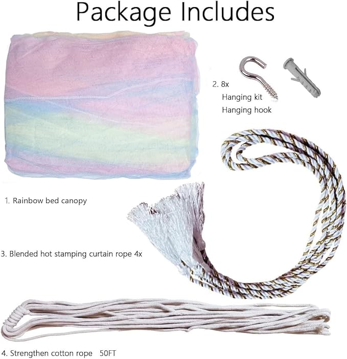 Curtains Bed Canopy Rainbow Mosquito Net for Bed Canopy Four Corner Post Elegant Mosquito Net Set, Stick Hook &Profession Rope for net, Screen Netting Canopy Curtains, Full/Queen/King