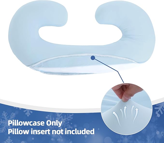 Cooling Pregnancy Pillow Cover (ONLY Pillowcase), Q-Max 0.4 C Shaped Luxurious Smooth Maternity Pillow Cover with Hidden Zip, Cool Large Pillow Protector for Side Hot Sleeper, Blue, 60x34 in