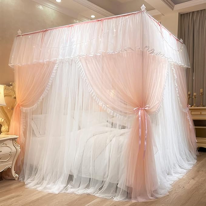Mengersi Canopy Bed Curtains with Lights,4 Corner Bed Canopy Royal Luxurious Bed Drapes Netting,Princess Bed Curtains for Girls Adults Bedroom Decoration (Peach, Twin)