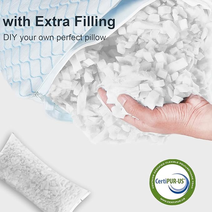 Uniqwamer Cooling Bed Pillows for Sleeping 2 Pack Shredded Memory Foam Adjustable Pillows Standard Size Set of 2 for Side Back Sleepers - Luxury Extra Comfy Gel Pillows with Washable Removable Cover