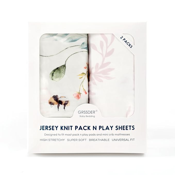 Fitted Pack n Play Sheets Set 2 Pack, Stretchy Ultra Soft Jersey Knit Portable/Mini Crib Sheets for Girls, Universal Fit for Pack N Plays Safe and Snug, Beautiful Flowers and Insects Pattern for Baby