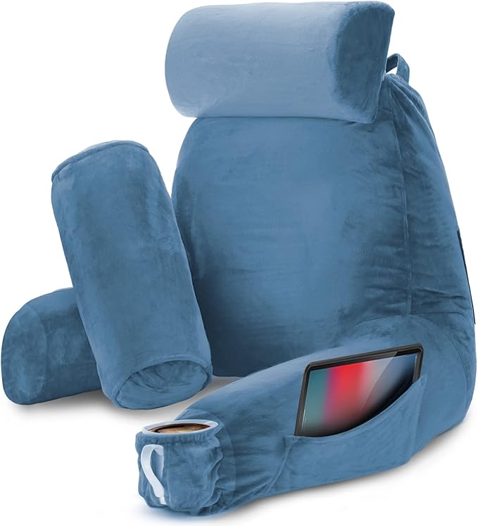 Nestl Reading Pillow Large Bed Pillow, Back Pillow for Sitting in Bed Shredded Memory Foam Chair Pillow, Reading & Bed Rest Pillows Blue Heaven Back Pillow for Bed, Bed Chair Arm Pillow with Pockets