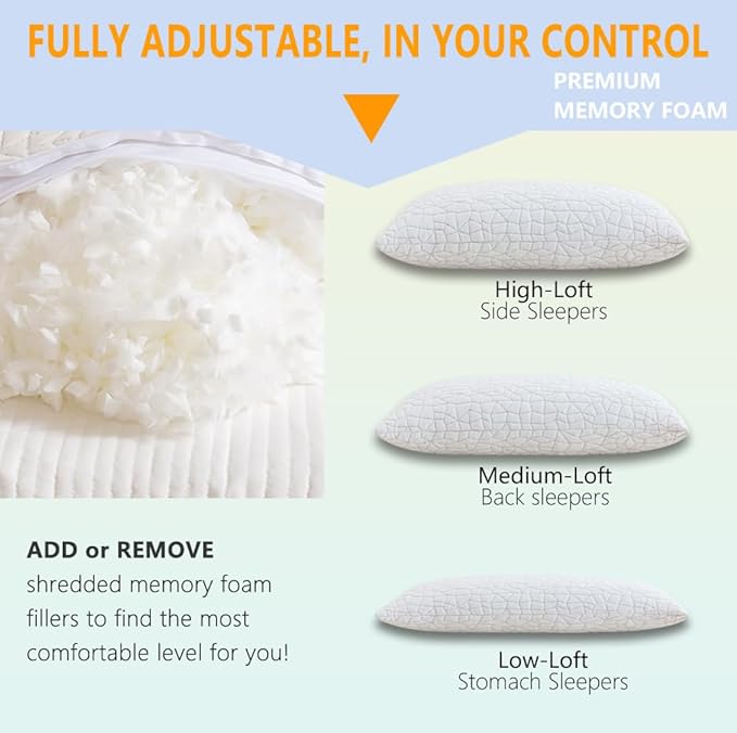 Shredded Memory Foam Pillows, Standard (2-Packs), Adjustable Bed Pillows for Side Back Stomach Sleepers,Comfy Cooling Pillows for Sleeping with Washable Cover