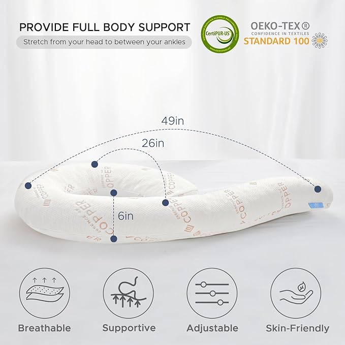 Body Pillow for Adults - Soft Long Bed Pillows Insert for Sleeping - Shredded Memory Foam and Removable Washable Cover - Swan Shaped Side Sleeper Pregnancy Pillow 49 Inch (Copper Color)