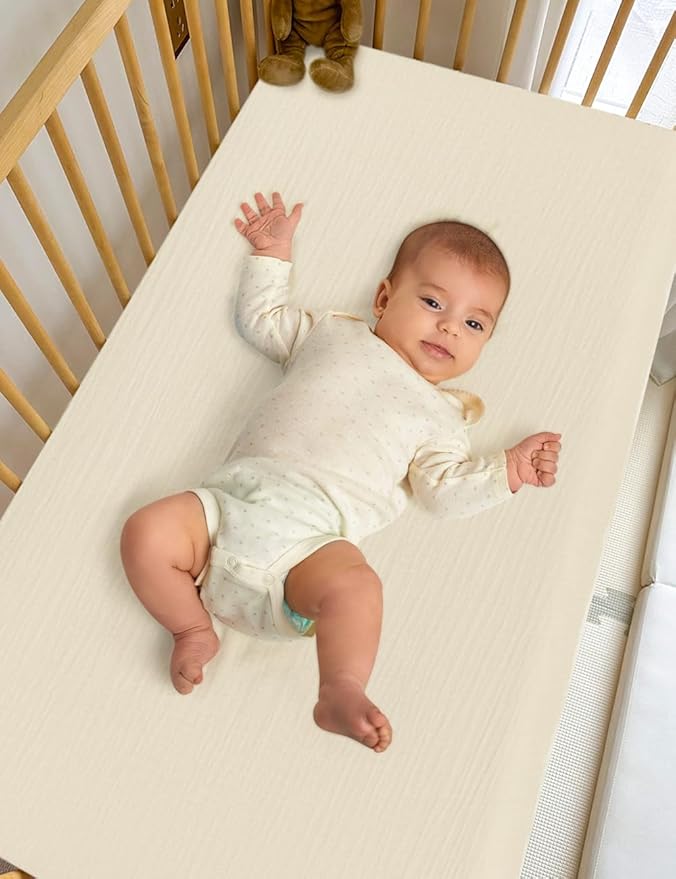 Neutral Muslin Cotton Small Pack n Play Mattress Pad Cover, 39"x27" Soft and Breathable Baby Sheets for Pack and Play, Beige Pack and Play Mattress Pad Sheets for Baby Unisex (46P-11)