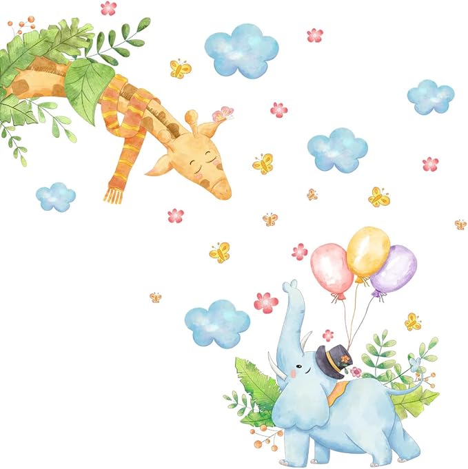 Cartoon Animal Wall Decals - Blue Elephant & Brown Giraffe with Balloons - 90x30cm Peel & Stick Design