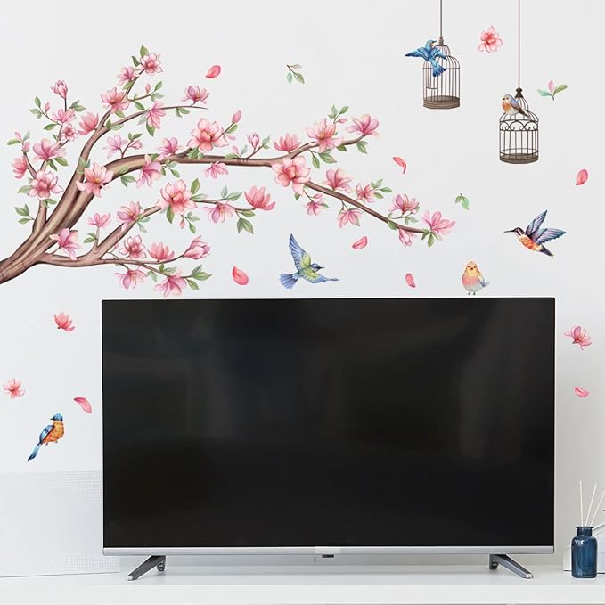 Pink Flowers Wall Stickers Cherry Blossom Tree Branch Wall Decals Colorful Flying Birds Birdcage Wall Sticker for Girls Room Bedroom Living Room TV Background Nursery Decor
