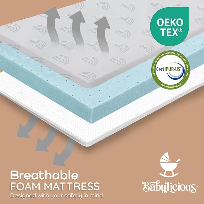 Waterproof Pack and Play Mattress Topper - 38" x 26" | Roll Up Style - Breathable Soft Memory Foam - Portable Playard Mattress Topper- Baby Foam Playpen Mattresses for Babies - Boho Design