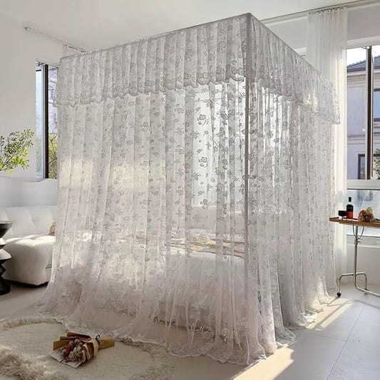 Elegant Princess 4 Corner Post Mosquito Net Romantic for Girls Women Bed Curtain Canopy for Adult Wedding Bedroom Kids Rooms Decoration (Type2-Beige-White, Queen)