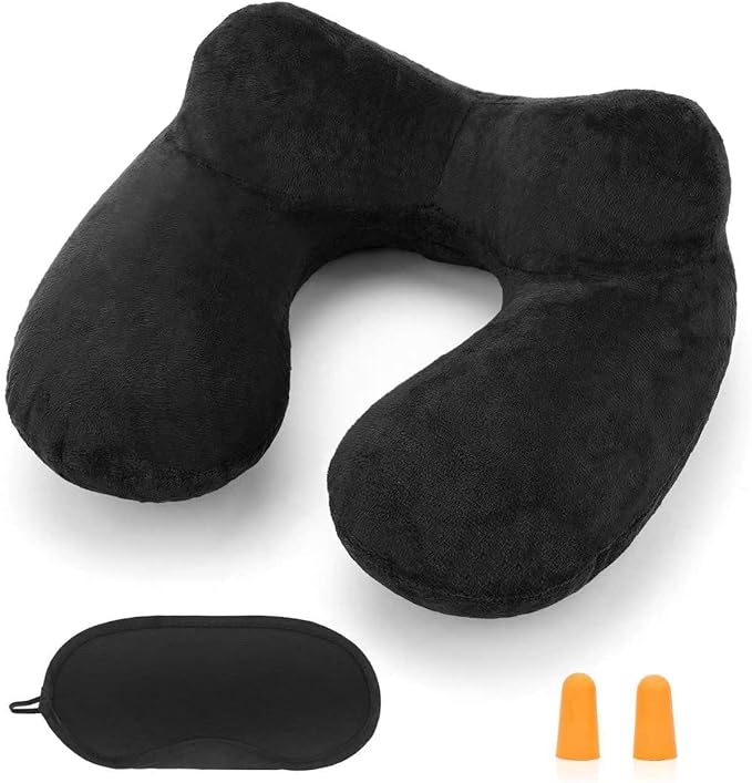 Inflatable Travel Pillow for Airplane Inflatable Neck Pillow for Traveling with Soft Velvet Washable Cover for Sleeping, Airplane,Train, Car, Office, Contoured Eye Masks, Earplugs