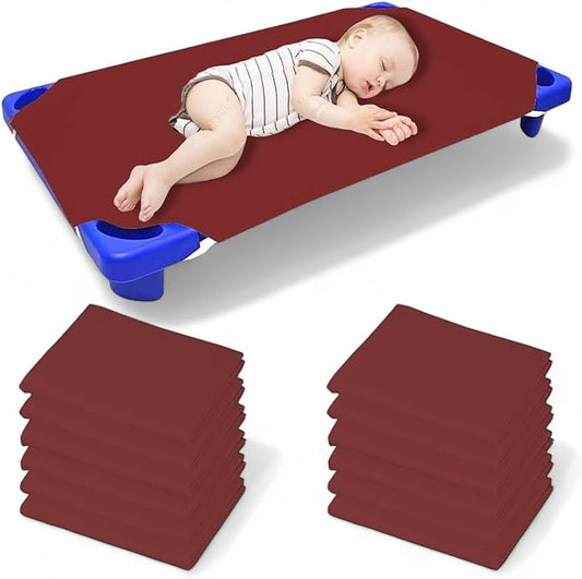 Pack of 12 Cot Sheet for Daycare Preschool Cot Bed -Polyblend Fabric with Corner Elastic Cots Sheets Fits On 22" X 52" Inches Size Toddler and Preschool Daycare Cot Burgundy 22 X 52 Size