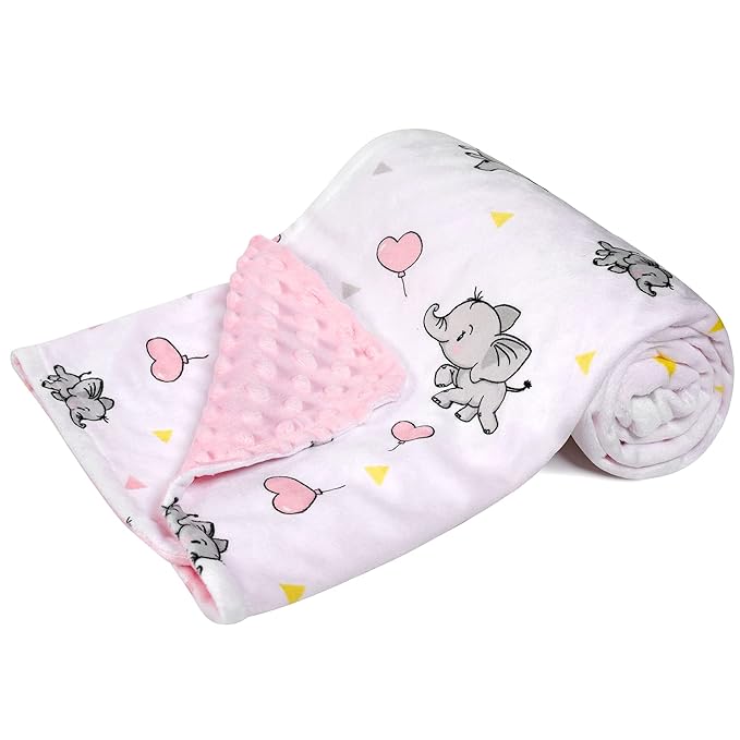 DaysU Silky Micro Soft Plush Baby Blankets for Girls with Print Animal Pattern and Soothing Raised Dots, Double Layer Bed Throws for Toddler Cot, Elephant, Pink, 50x60 Inches