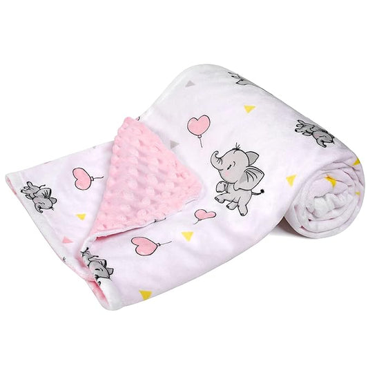 DaysU Silky Micro Soft Plush Baby Blankets for Girls with Print Animal Pattern and Soothing Raised Dots, Double Layer Bed Throws for Toddler Cot, Elephant, Pink, 50x60 Inches