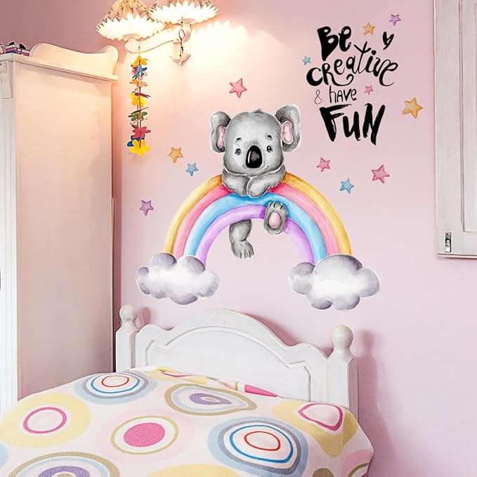 Cartoon Koala on Rainbow Wall Decal - 88cm x 34.64in Finished Size, Inspiring 'Be Creative & Have Fun' Message