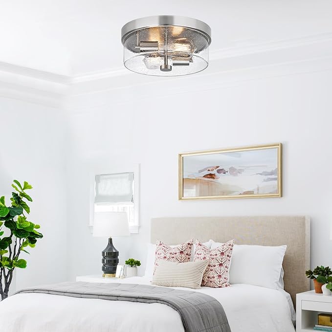 Flush Mount Ceiling Light Fixtures, 2-Light 12 Inch Brushed Nickel Close to Ceiling Light Fixtures with Seeded Glass Shade Ceiling Light Fixture for Porch, Hallway, Bathroom, Dining Room and Foyer