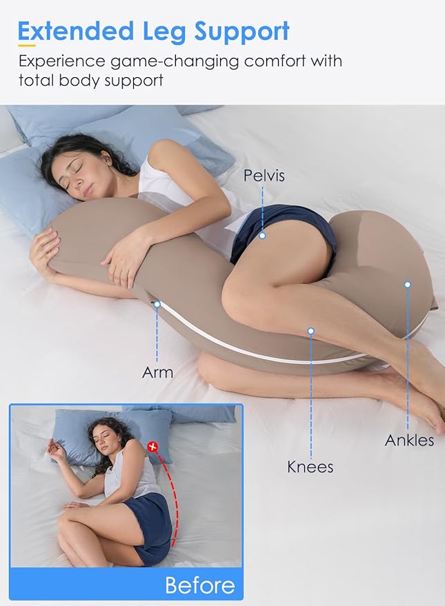 QUEEN ROSE Cooling Body Pillow, Full Body Support Pillow for Side Sleepers, Soft S Shaped Hug Pillow for Adults, with Removable Pillowcase, Beige