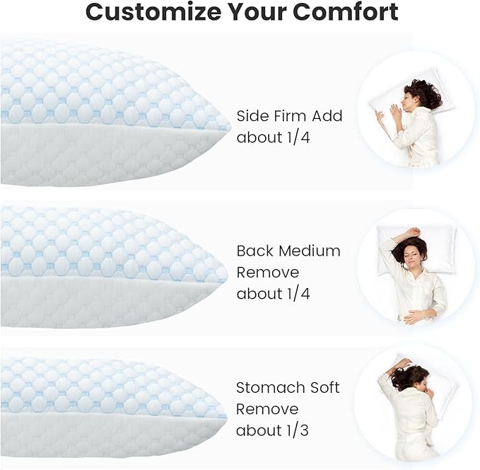 Shredded Memory Foam Pillows Pillow for Side Sleepers Cooling Pillows Stomach Sleeping Pillow Queen Pillow with 2 Extra FillBlue