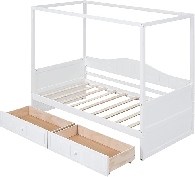 Twin Size Canopy Day Bed with 2 Drawers, White Finish, Sturdy Pine Wood and MDF, Built in Backrest, Space-Saving Design, Fits Curtains and Decorations,77.6"x 41.3"x66.1"