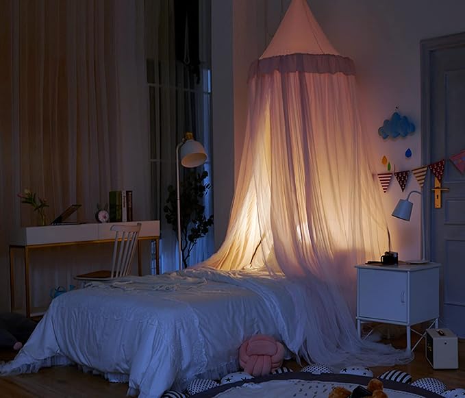 VETHIN Bed Canopy for Kids with Lights,Double Layer Princess Round Dome Children Dreamy Mosquito Net Bedding Girls Room Castle Play Tent Hanging House Decor Reading Nook Canopies(Beige Pink/White)