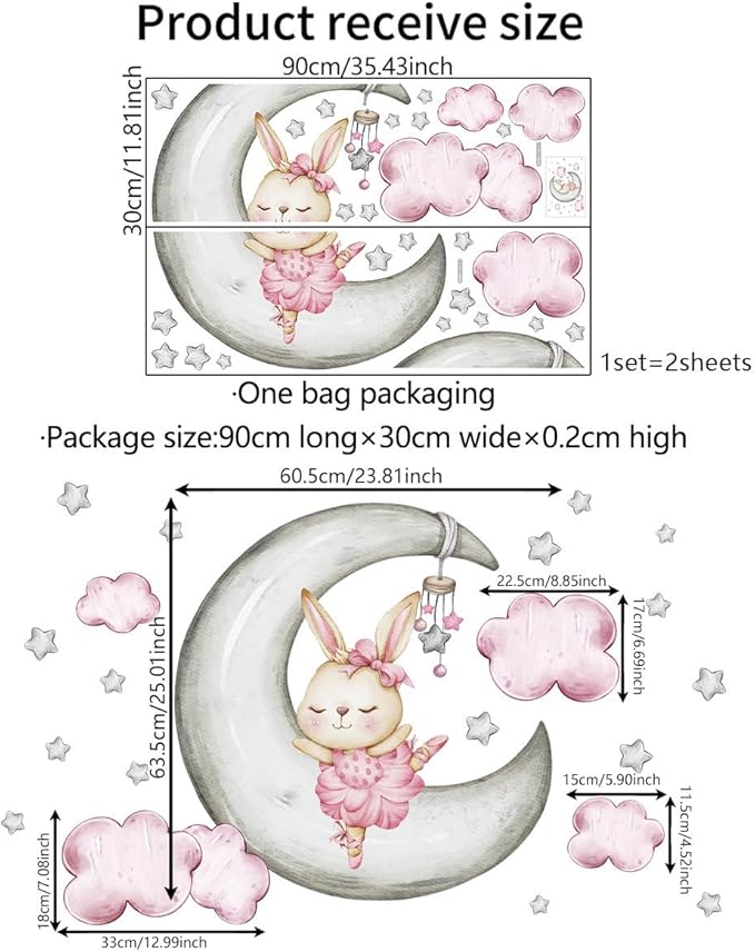 Adorable Rabbit Wall Decals - Moon & Stars Themed - 2 Sheets, 90x35.43cm Each - Easy Peel & Stick for Kids' Room Decor